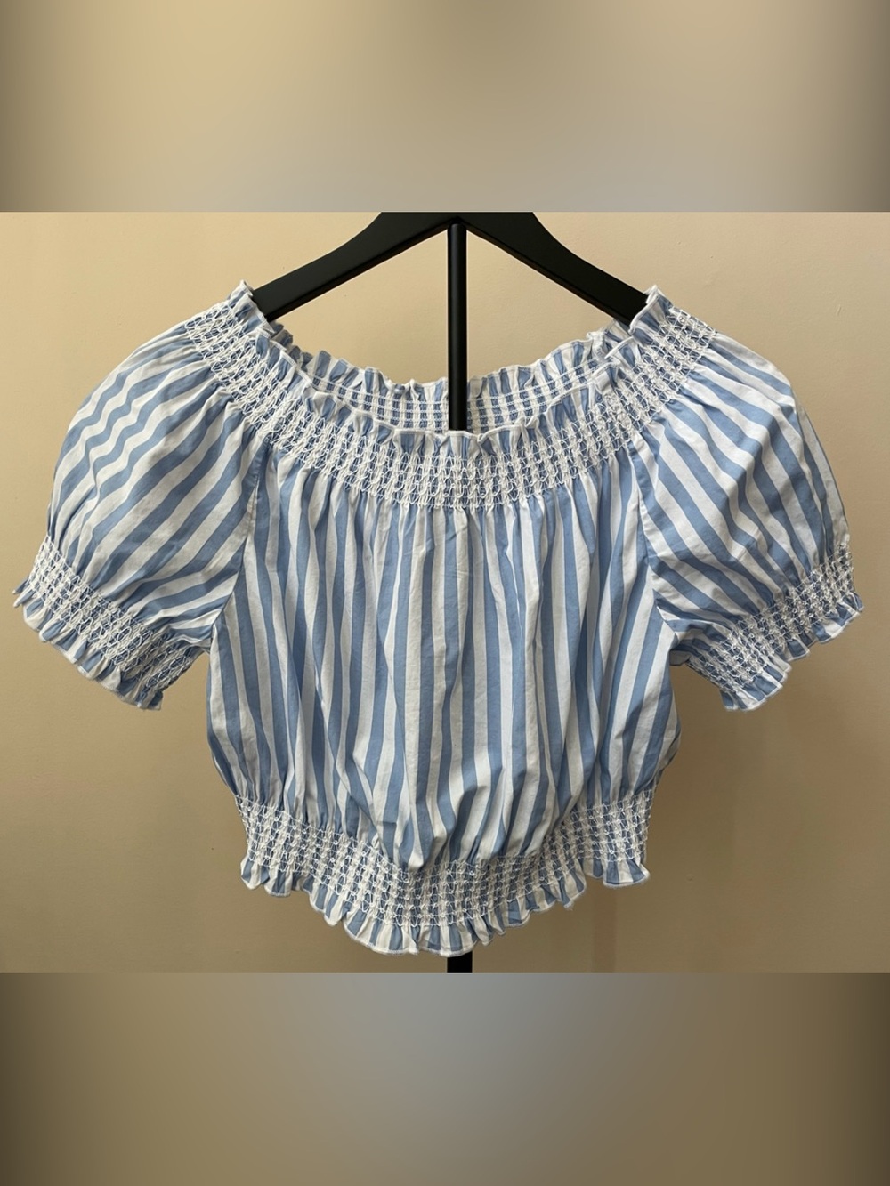 J. Crew Puff Sleeve Blue & White Striped Smocked Crop Top